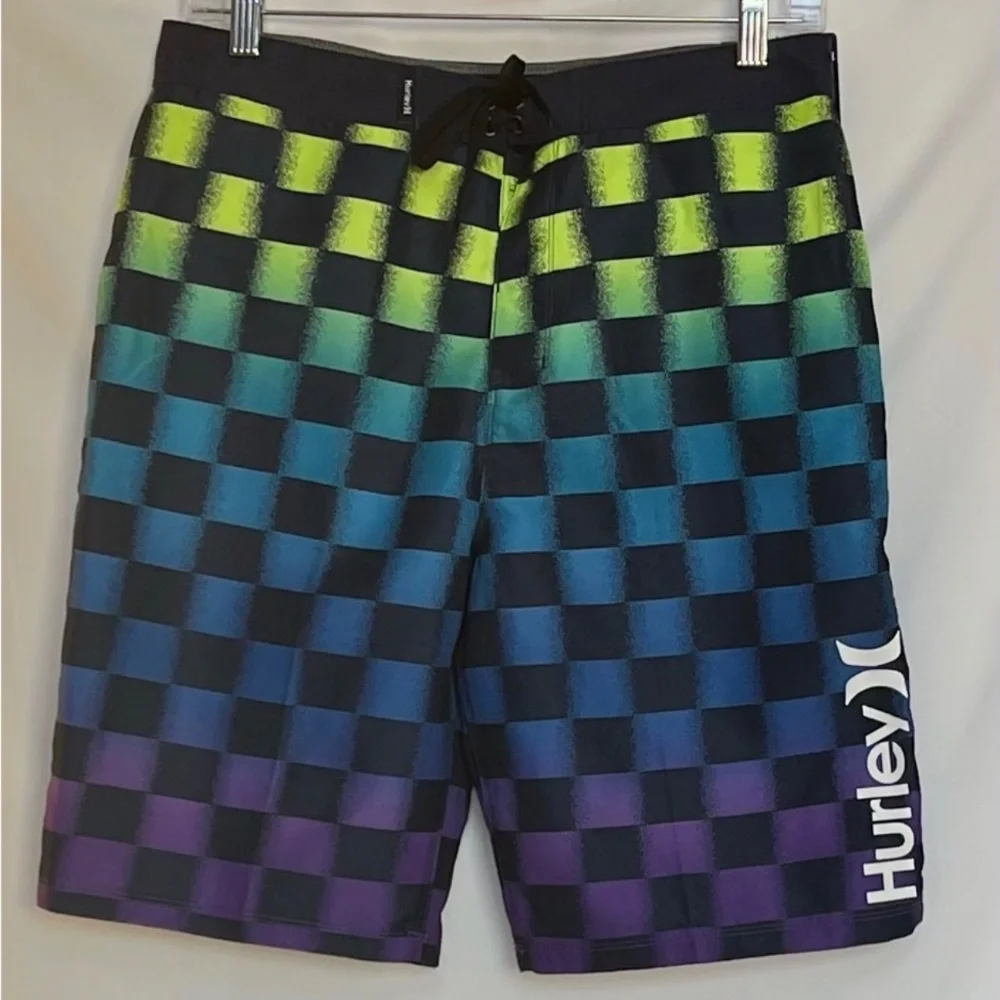 Hurley Boys Obsidian Above Knee Checkered Beach Swim Pool Board Shorts 18/29‎